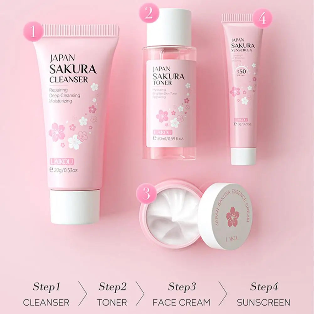 Sakura Skincare Set – Cleanser, Serum, Eye Cream & Essence